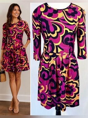 Jude Connally Julia Dress – Retro Swirl Print Fit & Flare Pockets  Sz S🧡